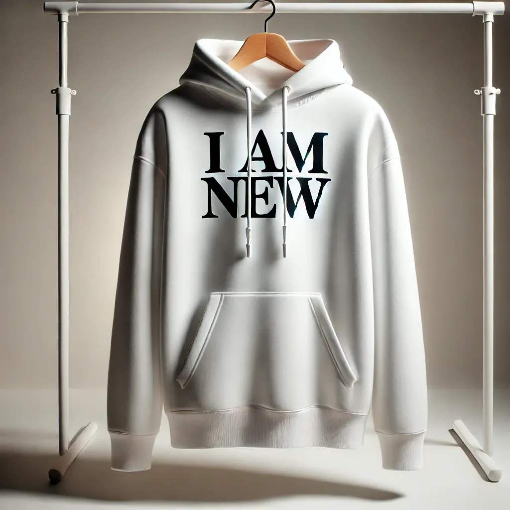 DALL·E 2025-12-06 18.56.35 - A modern white hoodie displayed on a mannequin or hanger, set against a simple neutral background. The front of the hoodie features the slogan 'I am n.webp
